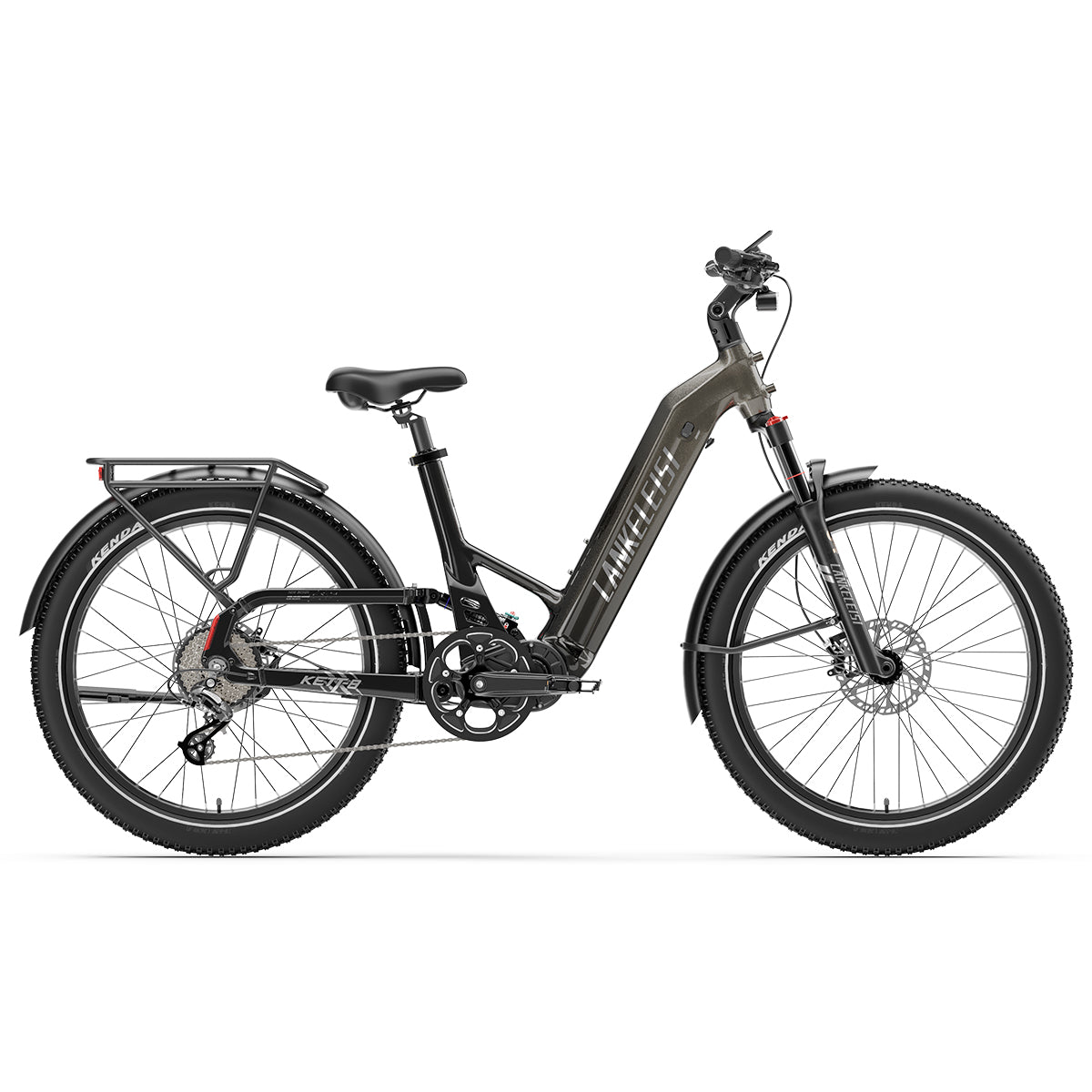 LANKELEISI KETT-8 urban electric bike with bundle, showing sleek black frame, handlebars, and battery pack in a city setting