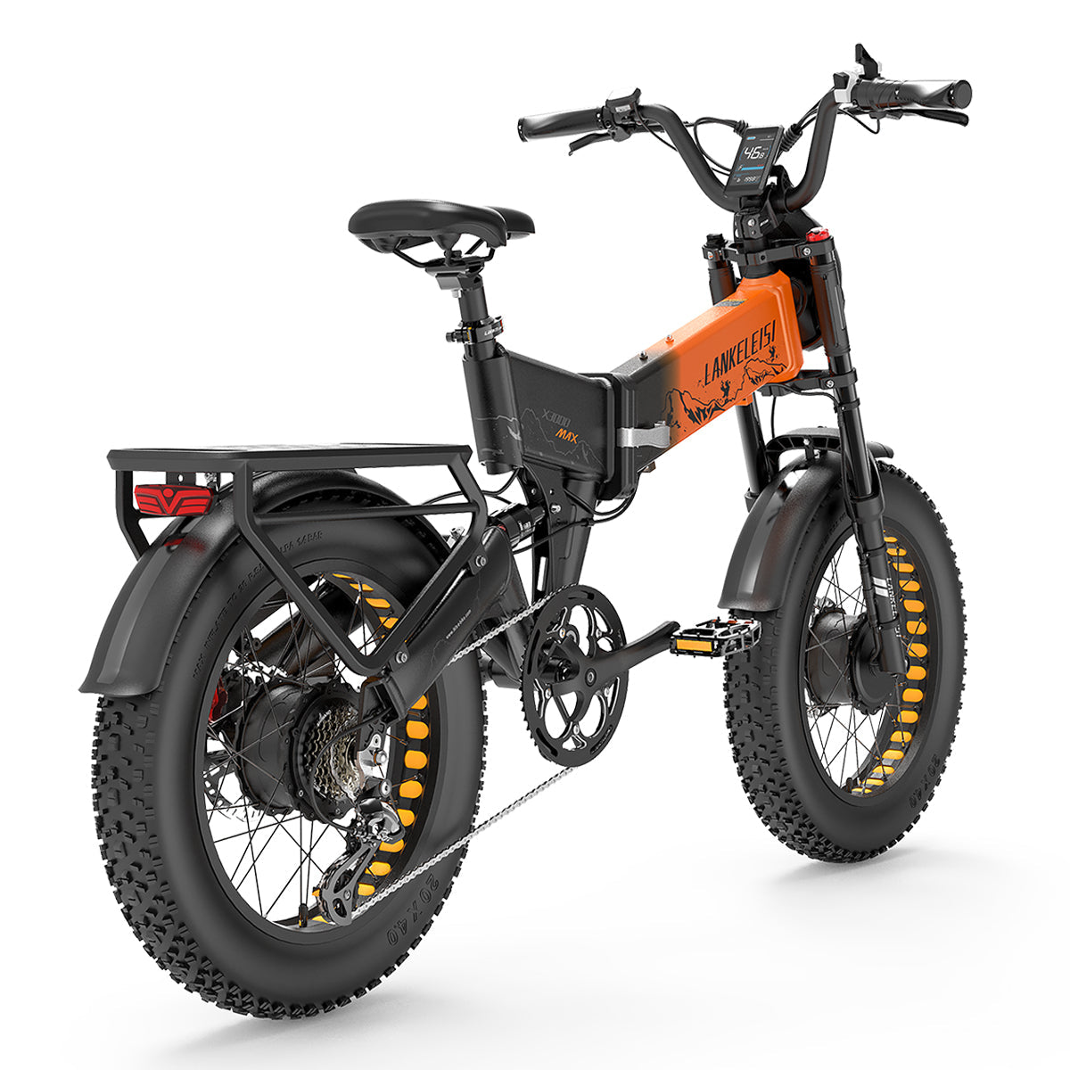 Lankeleisi X3000 MAX 2000W dual motor foldable electric mountain bike in orange, showing the frame and handlebars.