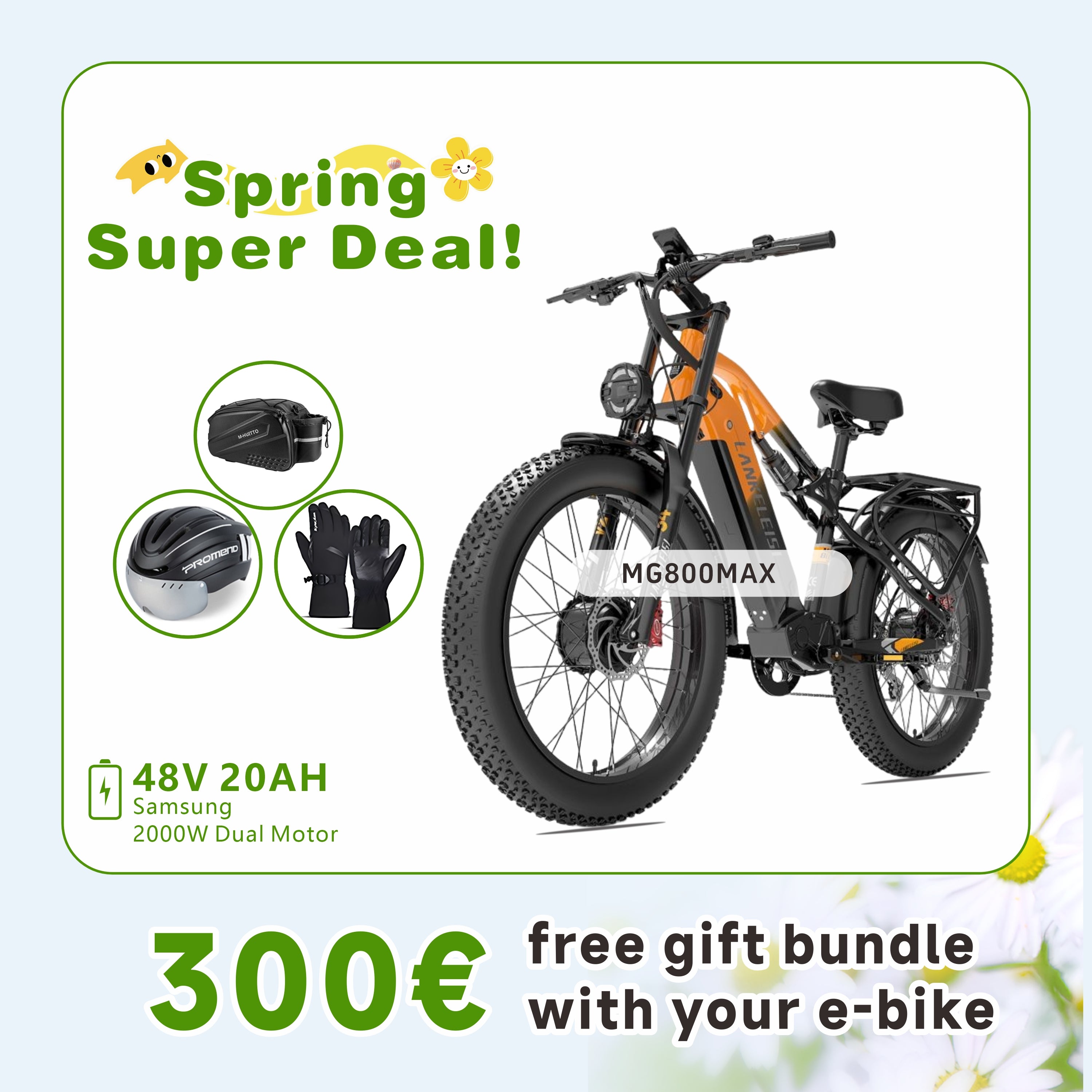 LANKELEISI MG800Max 2000W Dual Motor 26″ Fat Tires All Terrain Electric Bike