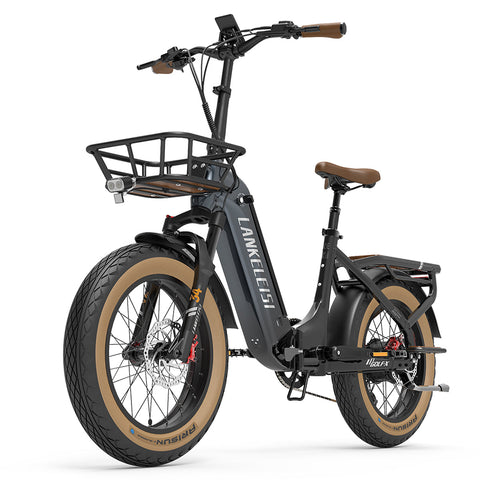 Foldable city electric bike by LANKELEISI GOLF-X with step-thru frame and 960Wh battery, shown in an outdoor urban setting.