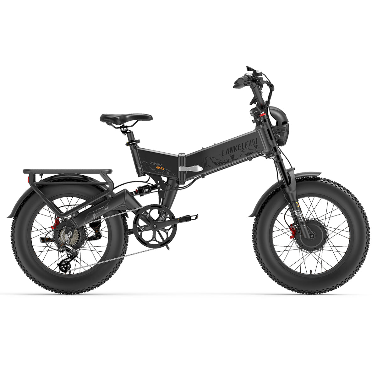 LANKELEISI X3000 MAX 2000W dual-motor foldable electric mountain bike in grey, shown outdoors with mountain trail background.
