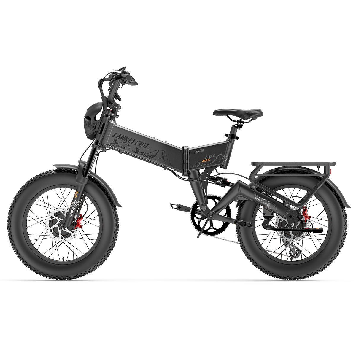 Lankeleisi X3000 MAX 2000W dual motor foldable electric mountain bike in grey, showing the bike's frame and tires.