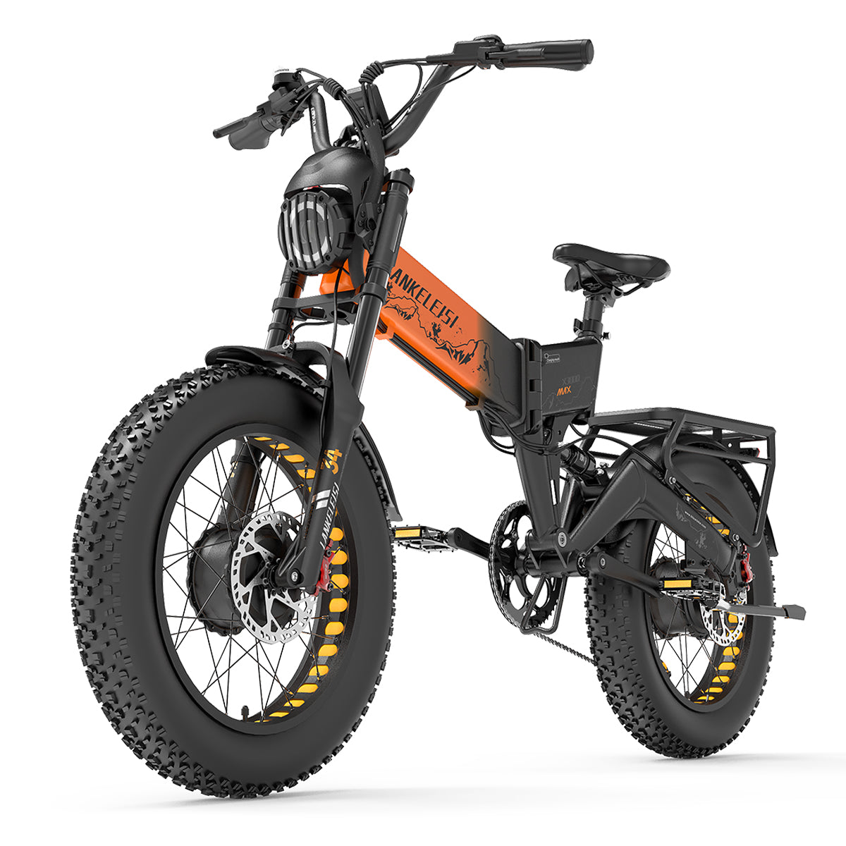 LANKELEISI X3000 MAX 2000W dual motor foldable electric mountain bike in orange, showing the frame and handlebars.