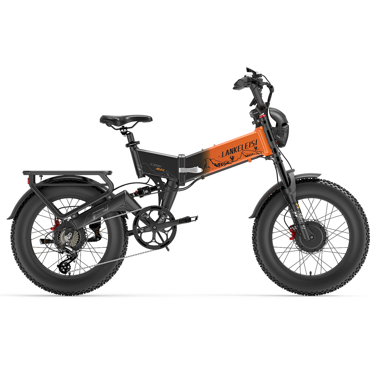 LANKELEISI X3000 MAX 2000W dual motor foldable electric mountain bike in orange, showing the bike's frame and handlebars.