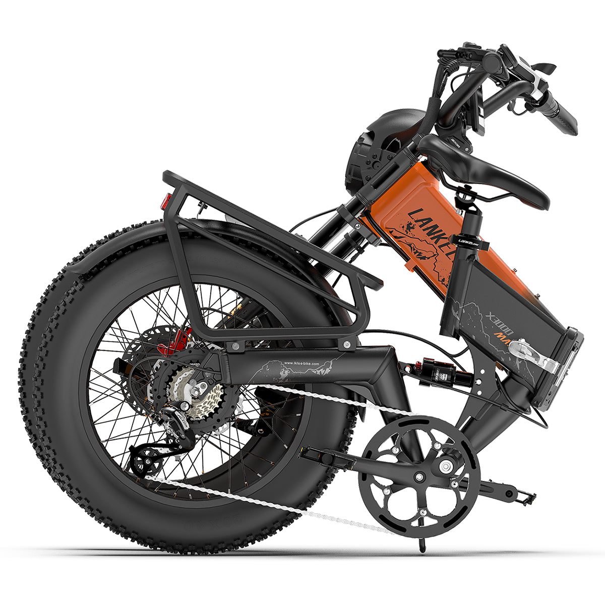 LANKELEISI X3000 MAX 2000W dual-motor foldable electric mountain bike in orange, showing the bike's frame and folding design.
