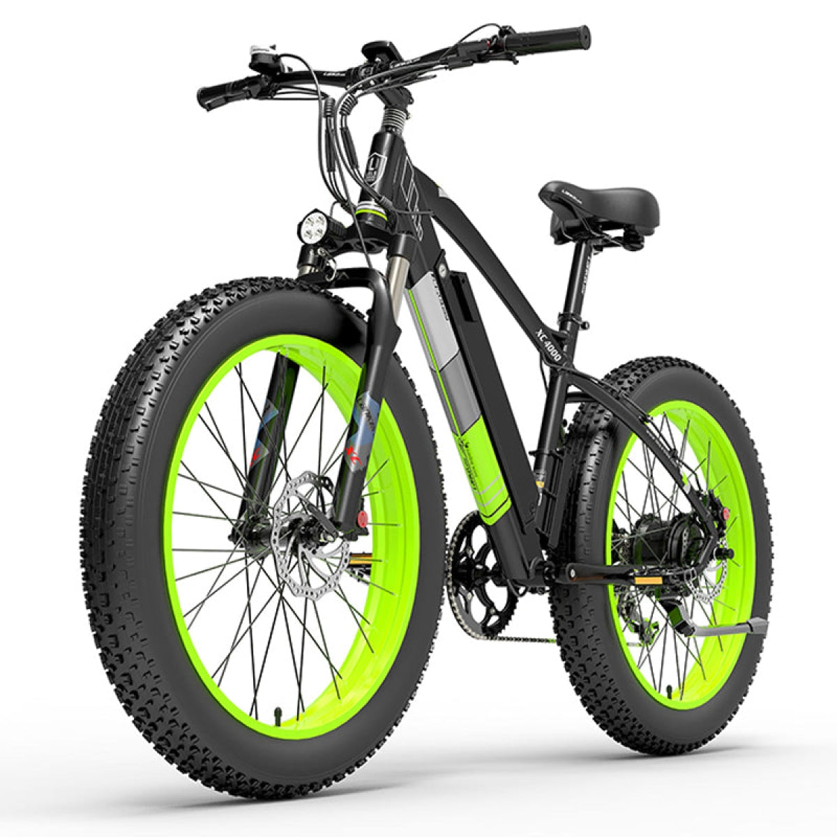 Lankeleisi XC4000 electric mountain bike with green frame and fat tires, designed for off-road riding and rough terrain.